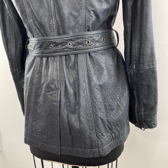 Burberry Brit Dark Blue Distressed Leather Belted Trench Coat Jacket US 6 UK 8 - Picture 5 of 16